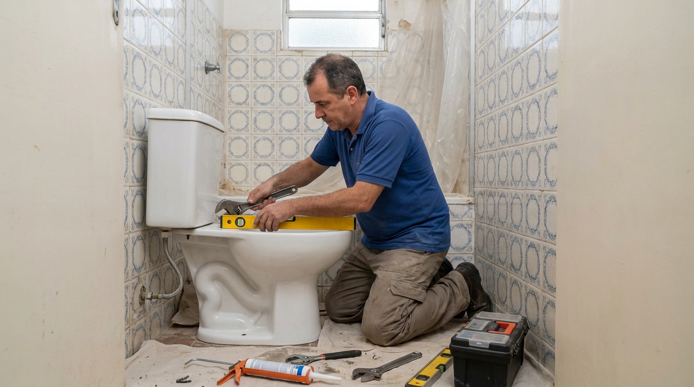 Técnico instalando vaso sanitário em Olinda‑PE